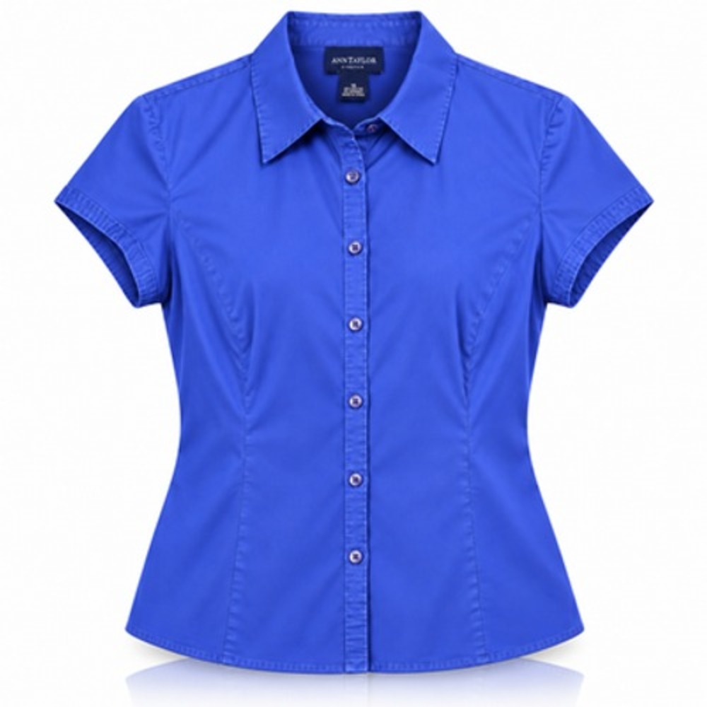 Ann Taylor Women's 10 Royal Blue Stretch Cotton Short Sleeve Button Up Shirt